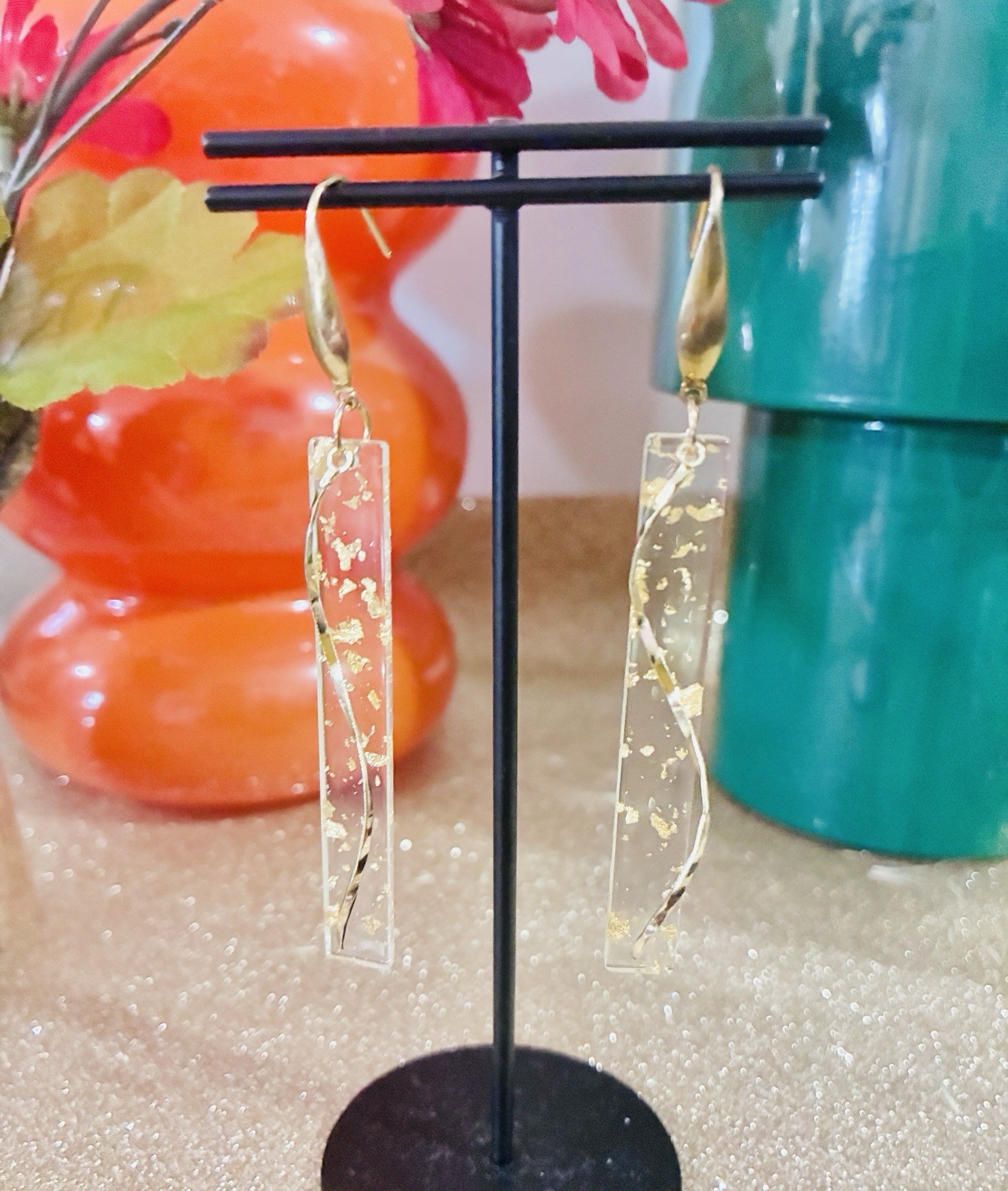 Gold Flake Clear bar Modern Design Earrings
