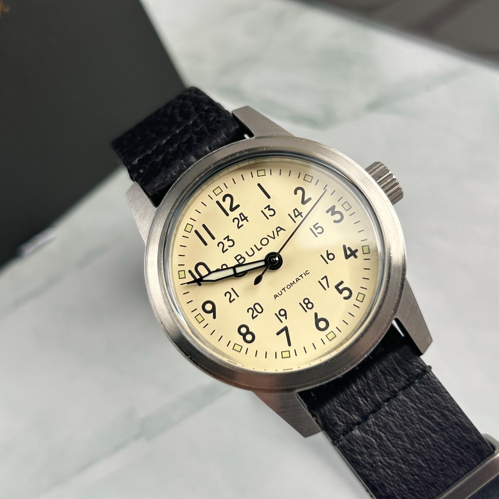 Bulova 96A246 Men’s Hack Watch Ivory Dial Black Leather Strap Automatic New 38MM