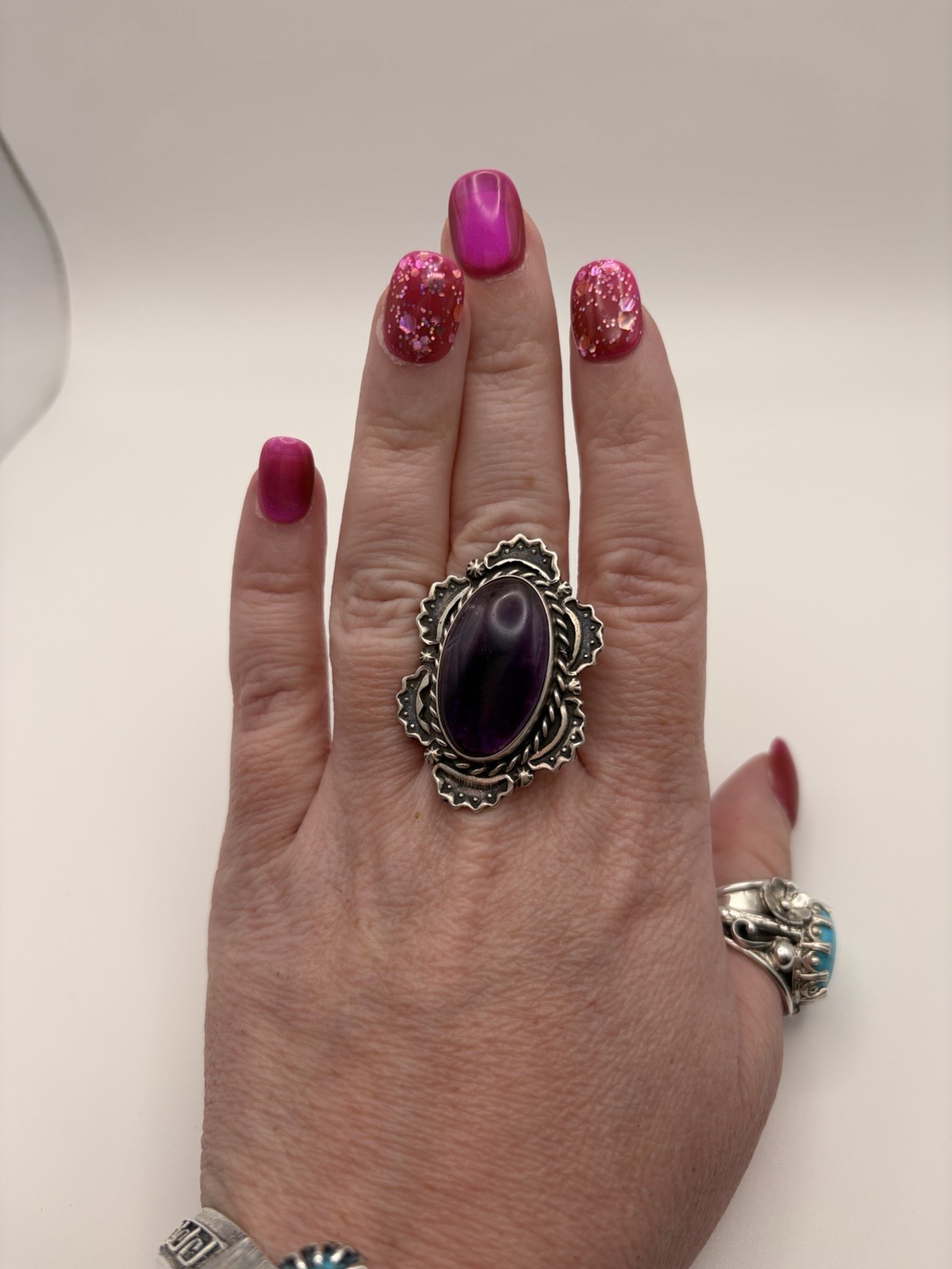 Vintage Navajo Sterling Silver Purple Chalcedony Statement Ring Signed Size 6.5