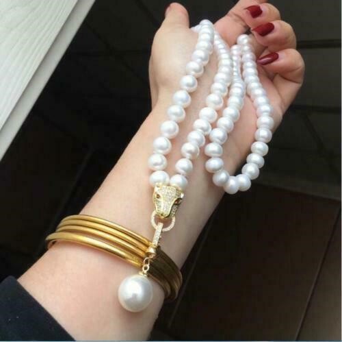 Women Real 9-10mm White Natural south sea Pearl Long Necklace 30″