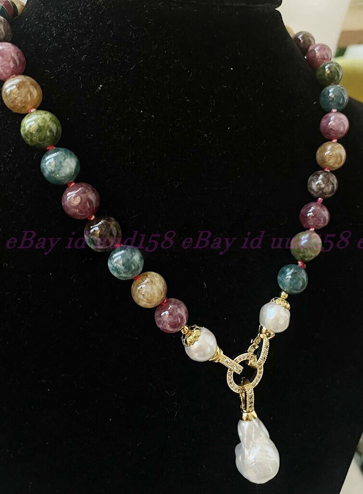 Multicolor Tourmaline Round Gemstone White Keshi Baroque Pearl Pendant Necklace