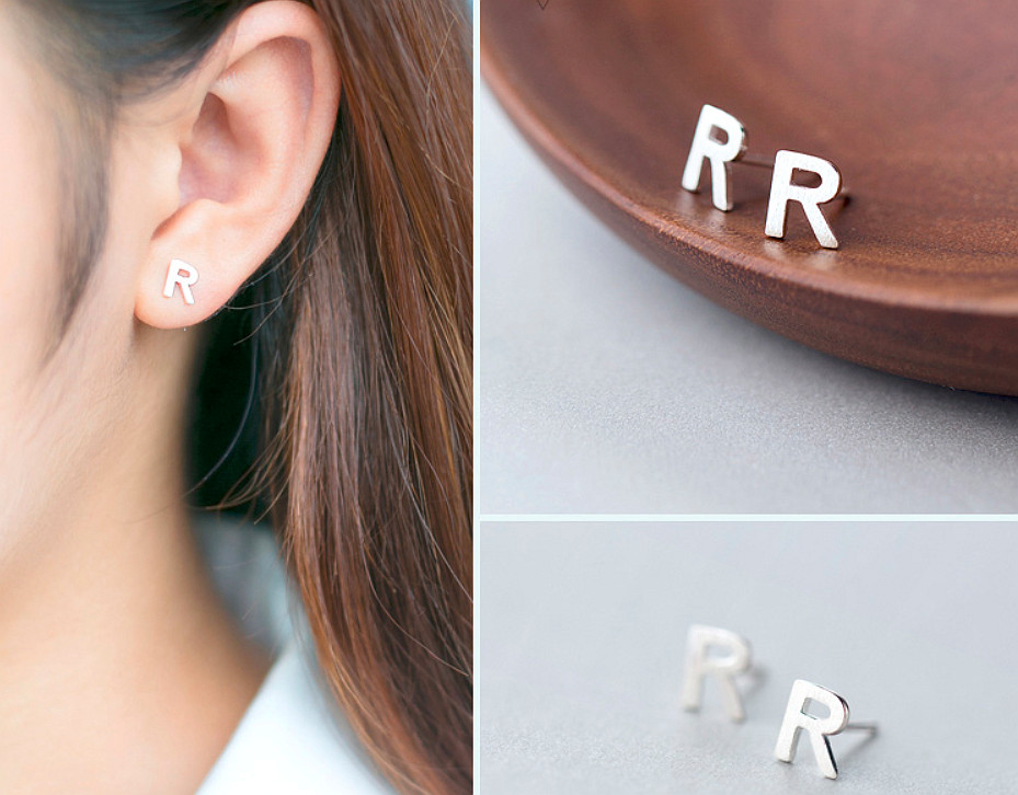 S925 Sterling Silver Satin Finish Alphabet Letter Initial Stud Earrings