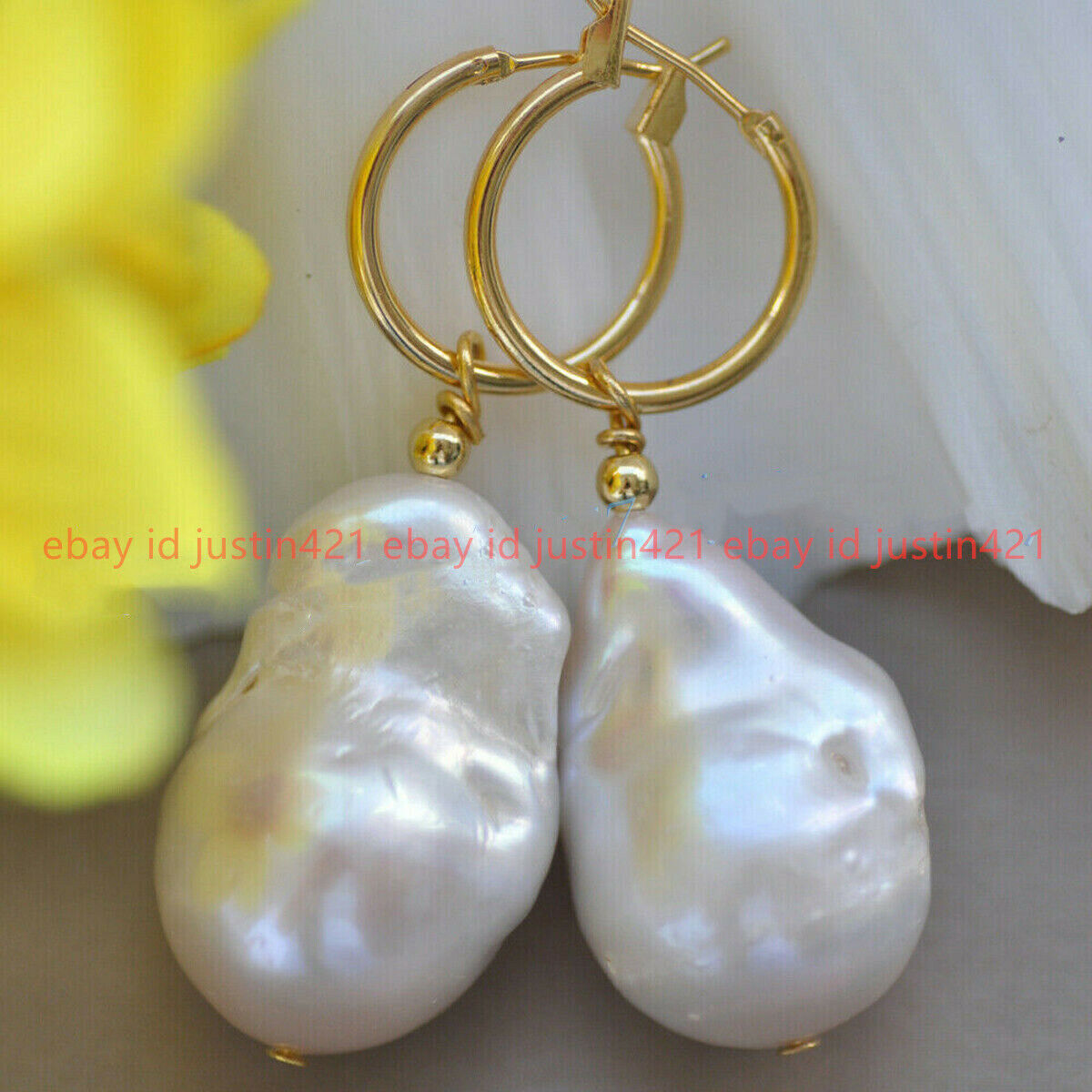 15-25mm Natural White Baroque Drop Keshi Pearl 14K Gold Leverback Dangle Earring