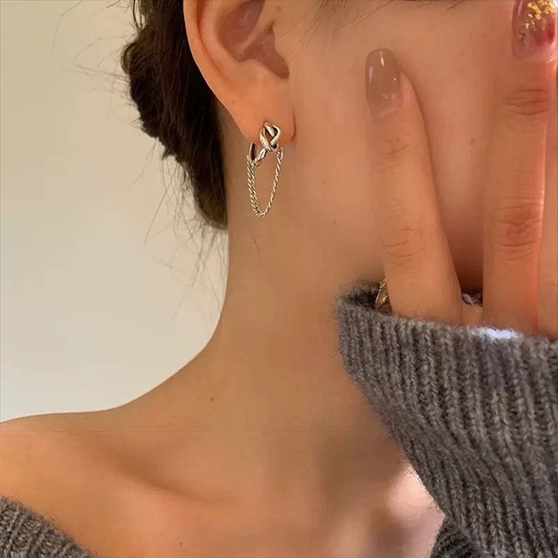 925 Silver Knot Chain Huggie Hoop Earrings Dainty Chunky Chain Drop Hoop D36