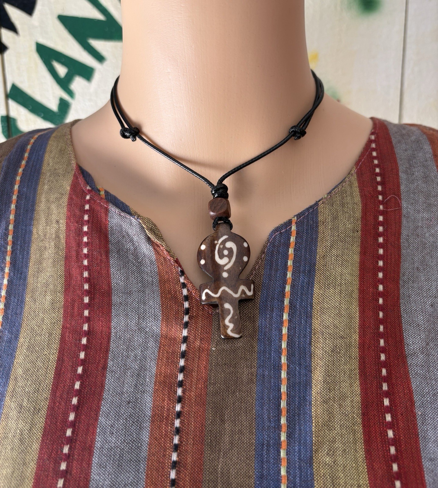 Bohemian Wood Asymmetrical Charm Pendant Black Cord Choker Necklace Adjustable