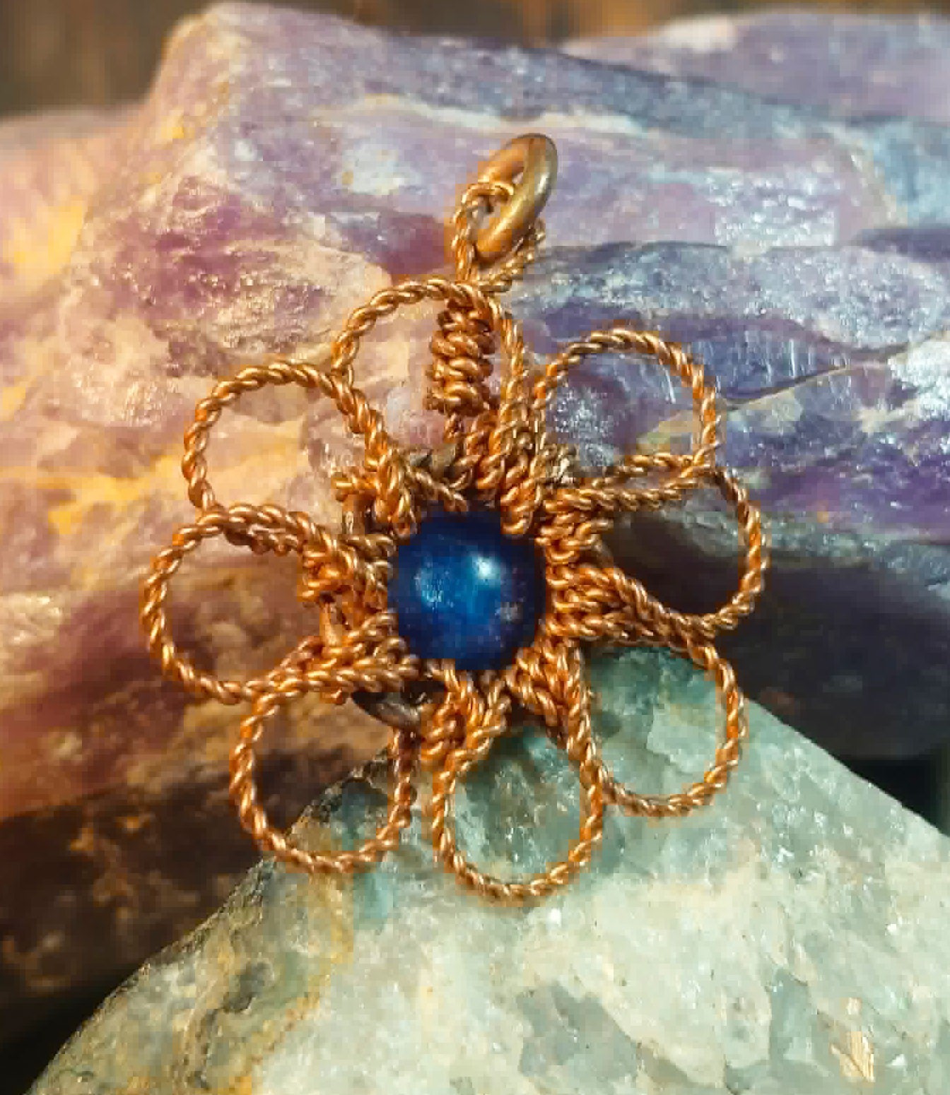 Flower Pendant Copper Daisy Wire Wrapped Mandala Kyanite Lucky Jewelry #PM6
