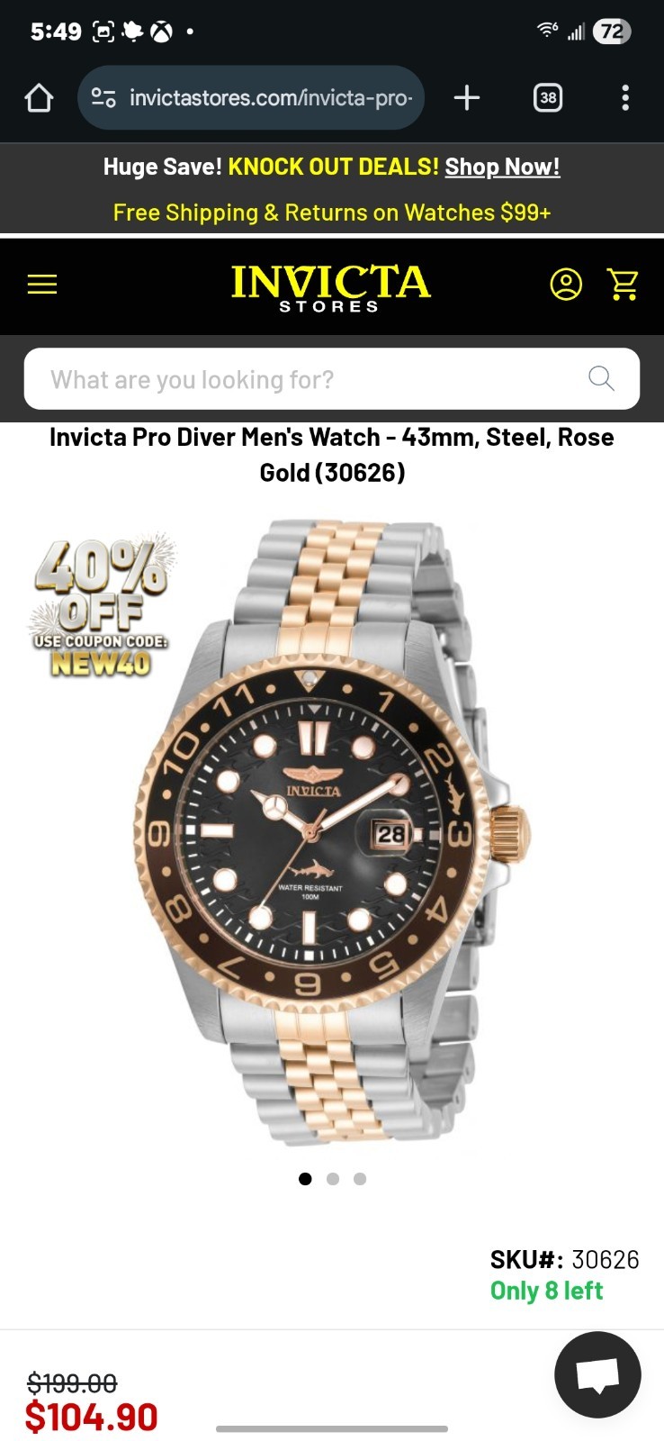 Invicta 44717- Pro Diver Men’s Watch – 43mm – Two Tone Steel / Rose Gold