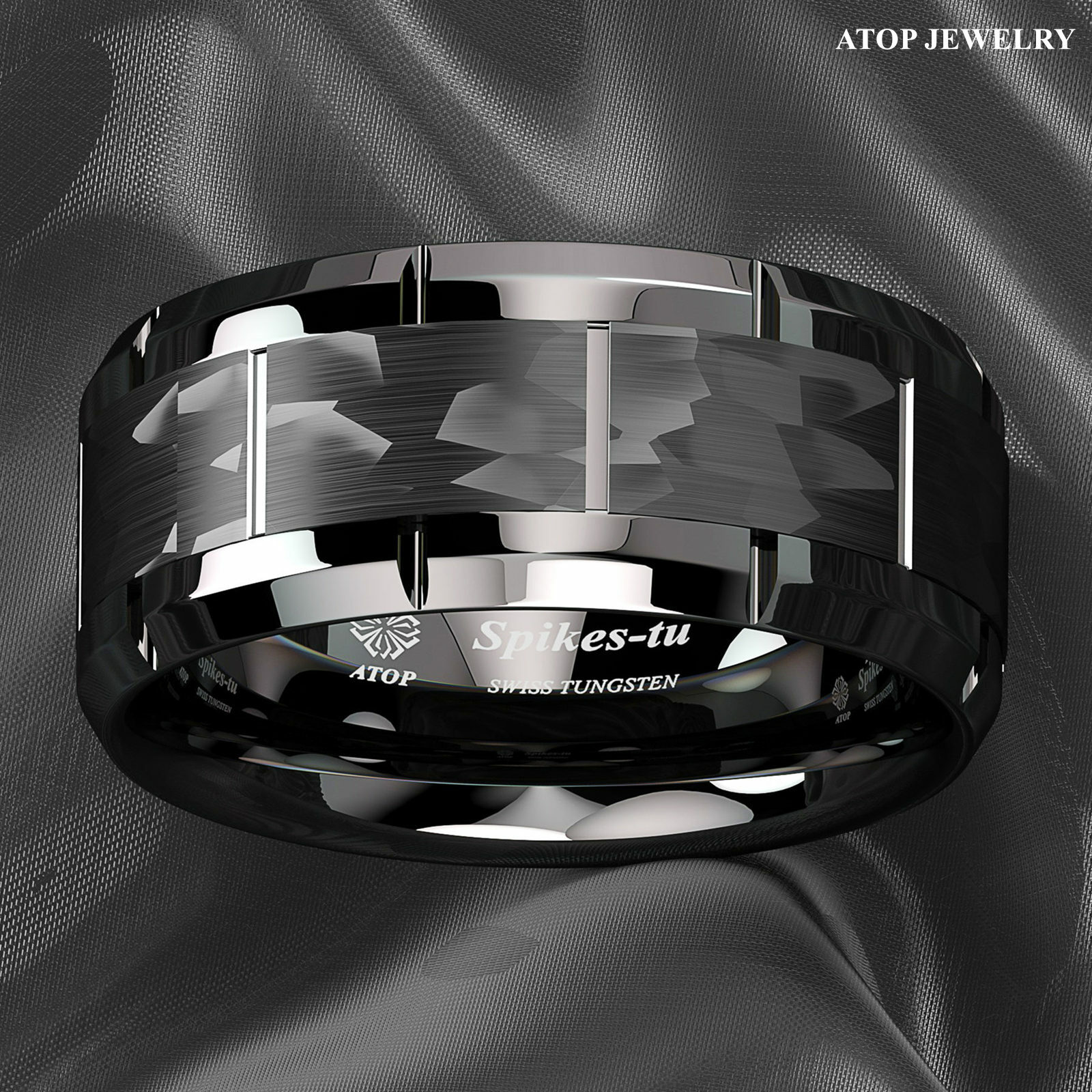 8mm All Black Brushed Hammered Tungsten Ring for Men Wedding Band ATOP Jewelry