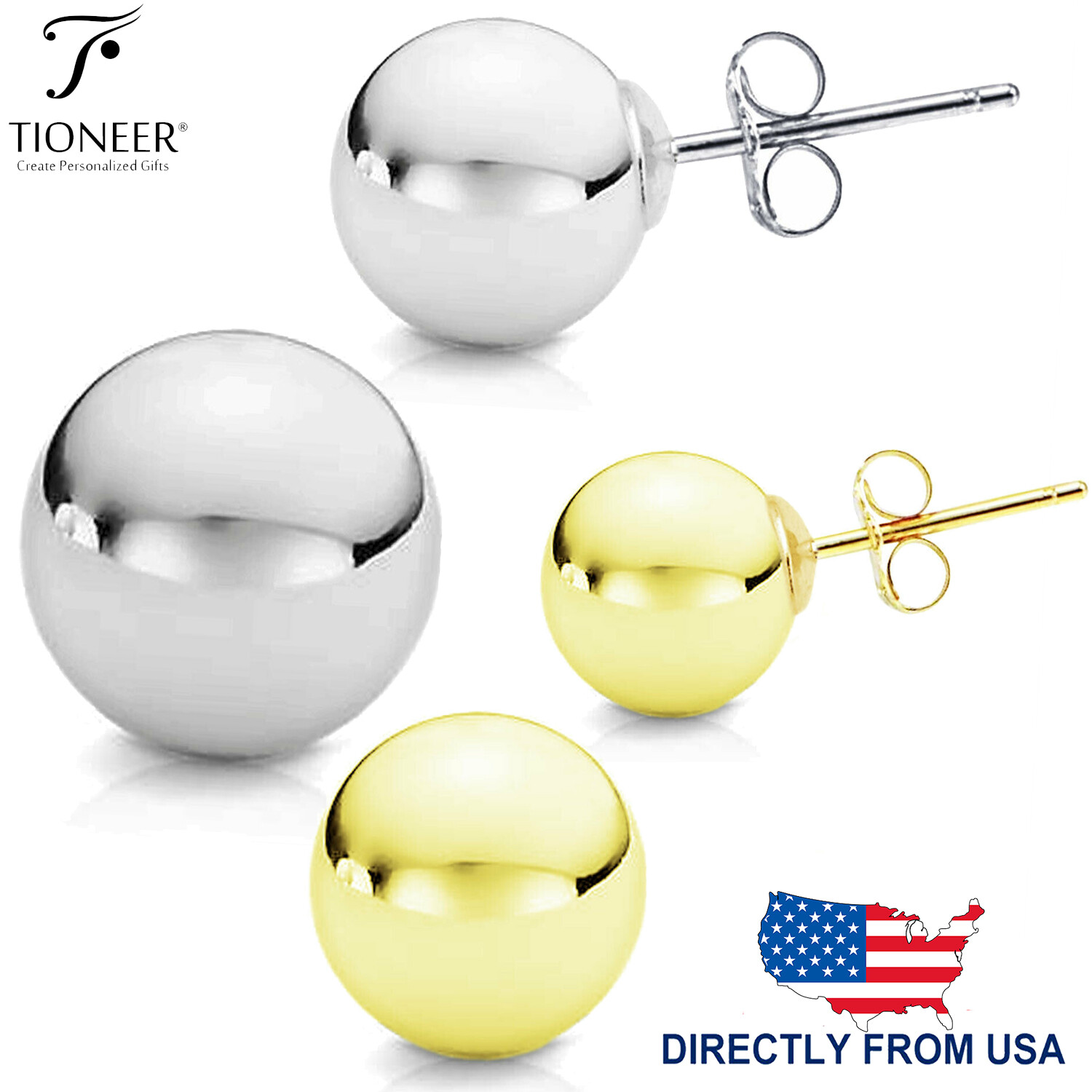 14K White / Yellow Gold Minimalist Round Ball Butterfly Push Back Stud Earrings
