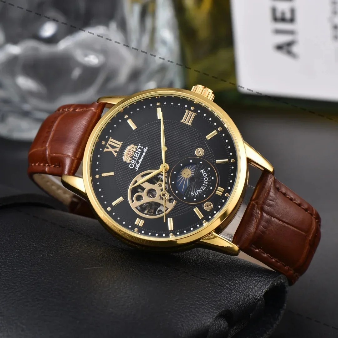 Sun & Moon Semi Skeleton Automatic Watch Men’s Leather Strap Luxury Gift