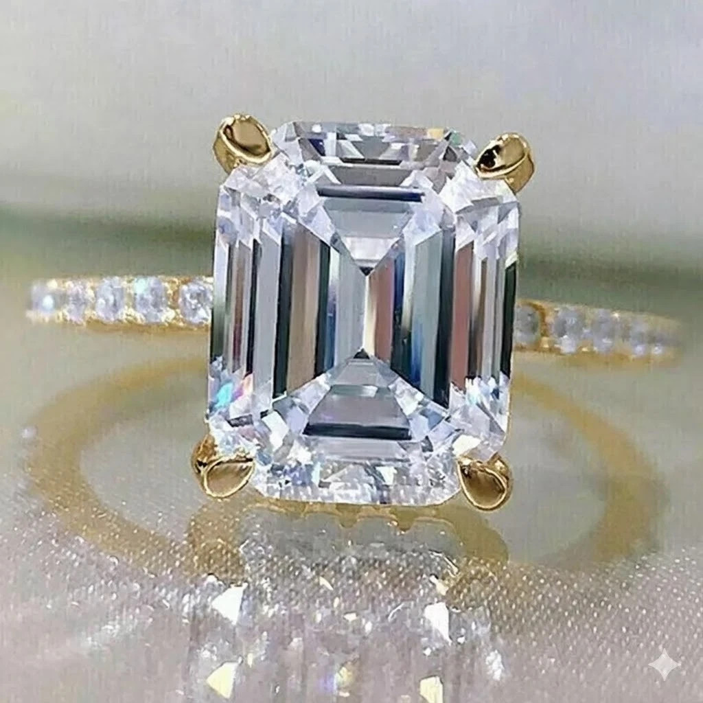 Lab Grown Diamond Ring Emerald Cut 3.7 Ct IGI Certified 14k Yellow Gold VVS E F