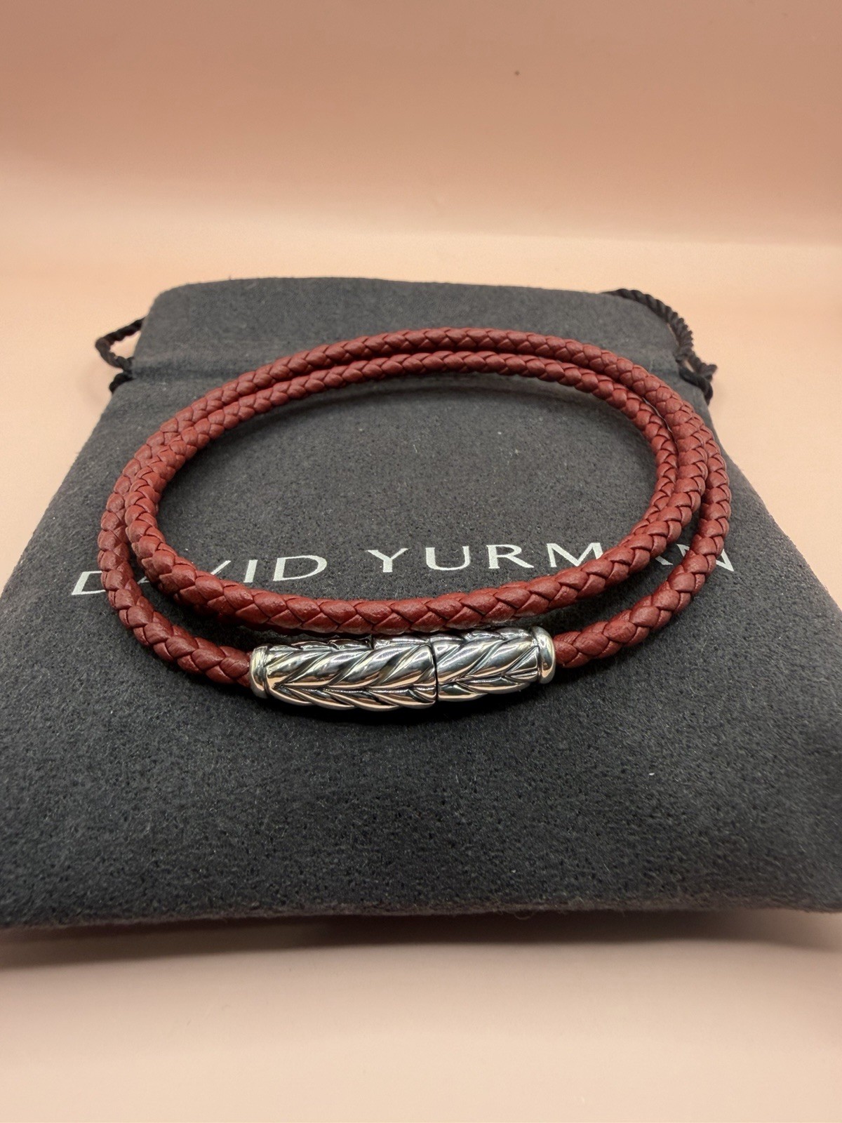 David Yurman Sterling Silver Leather Chevron Triple Red Wrap Bracelet Medium