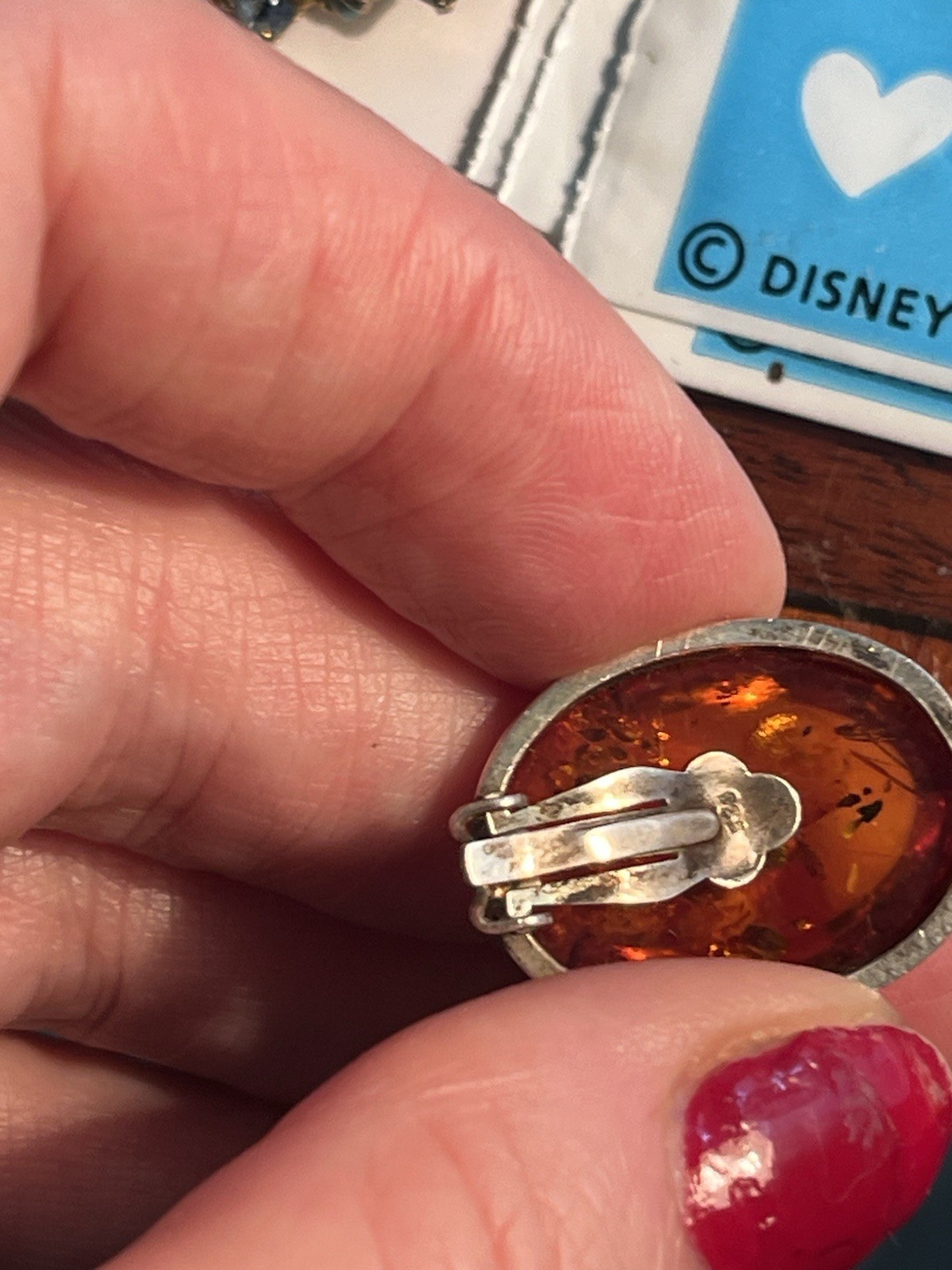 Oval Orange Amber Cabochon Bezel Clip-On Stud Earrings Silver Tone Metal