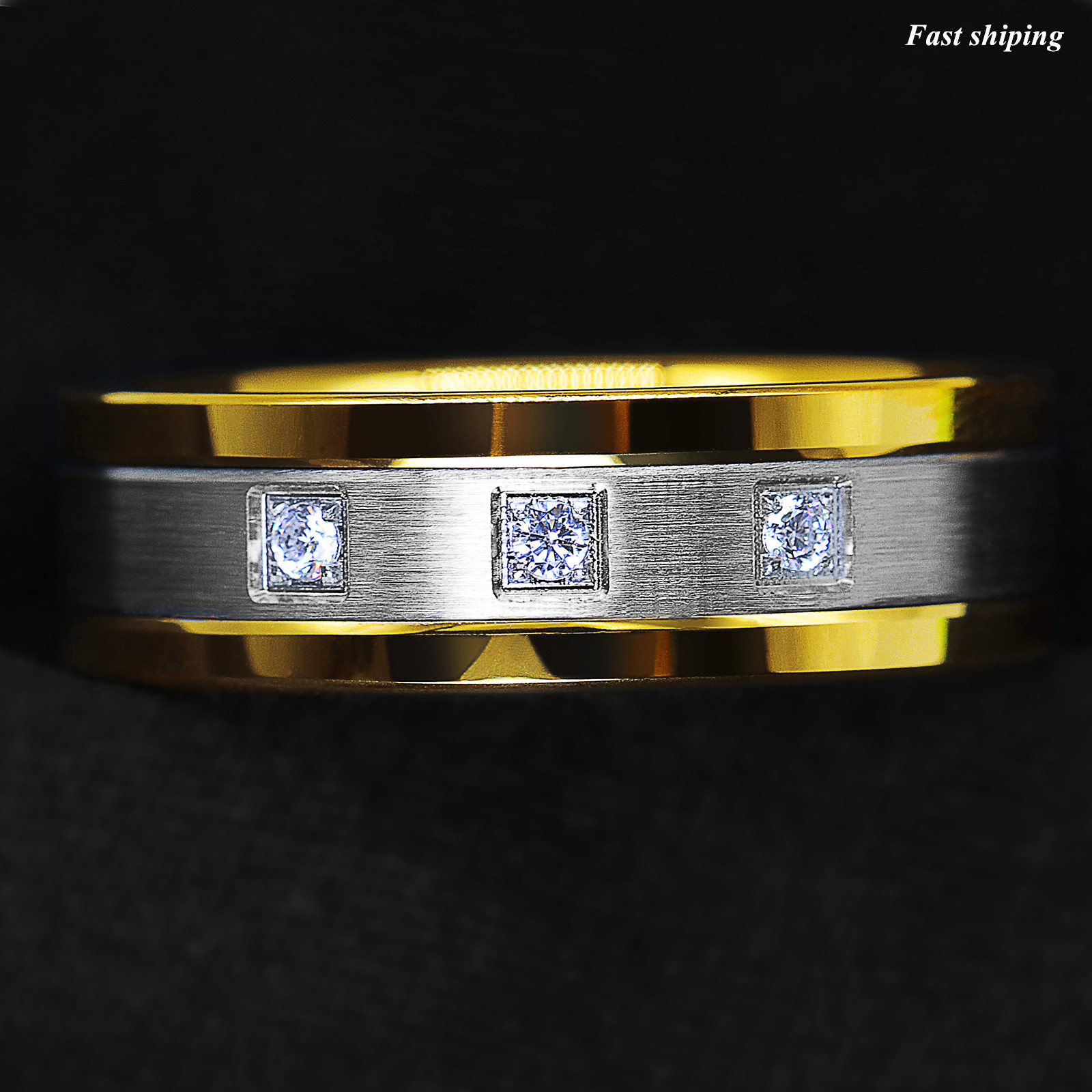 8mm Plated Metal Tungsten Ring Brushed Cubic Zirconia ATOP Men Wedding Band