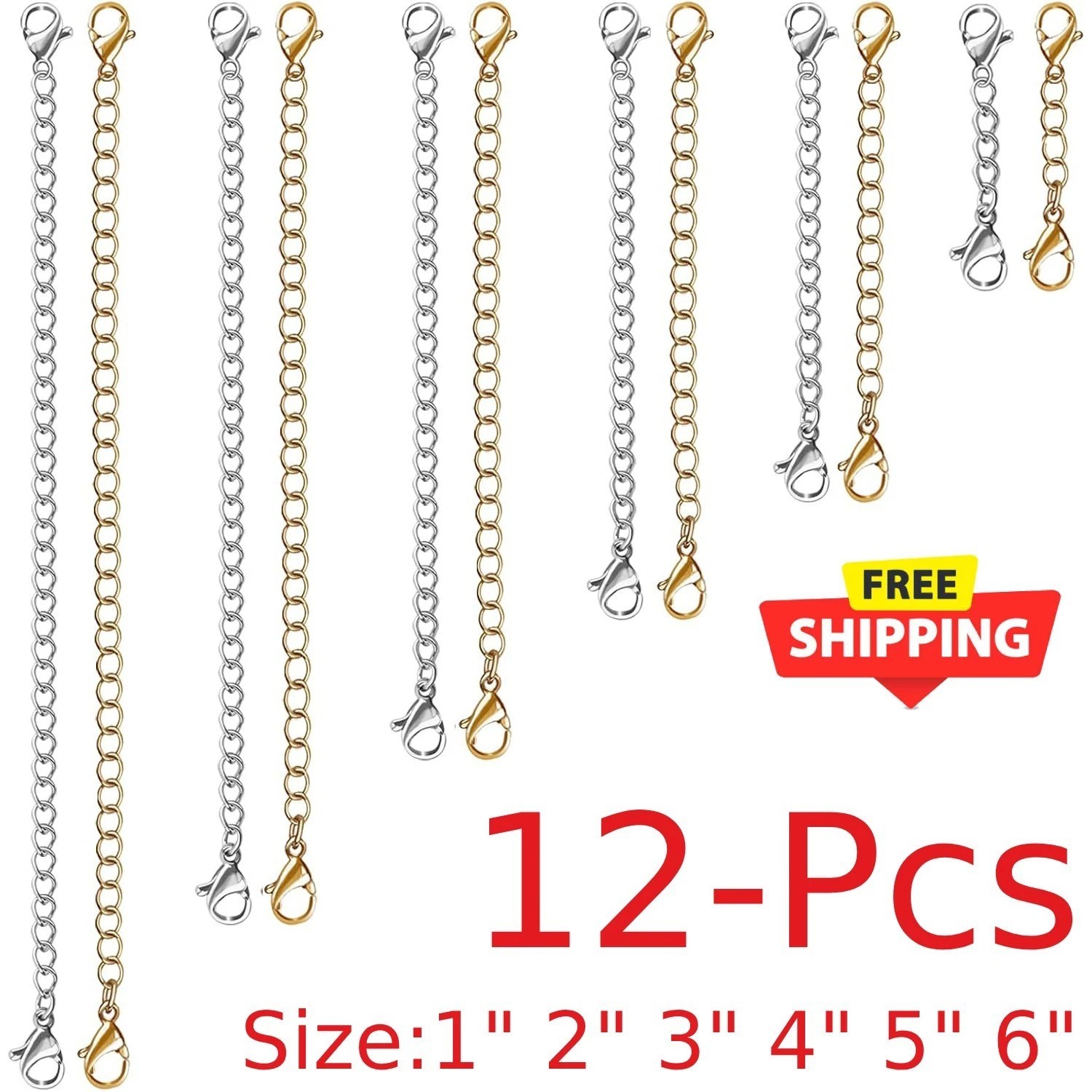 12 Pcs Extender /Safety Chain Extender Necklace Bracelet Lobster lock 1″ To 6″