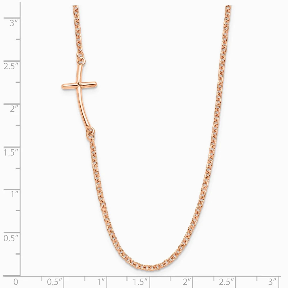 Sterling Silver Rose Gold-Plated Small Off-Set Sideways Curved Cross Necklace