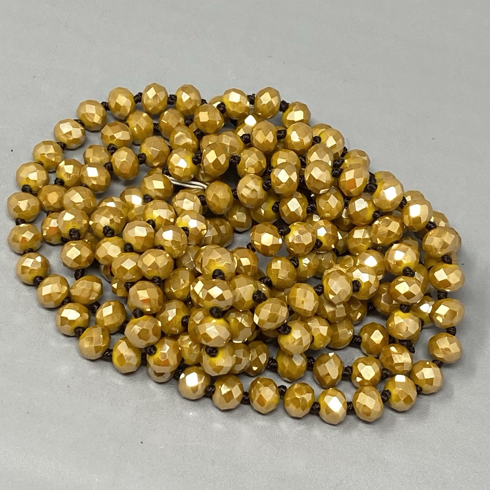 Czech Gold Glass Bead Flapper Necklace Fire Polished Coated Hand Knotted Cord 62
