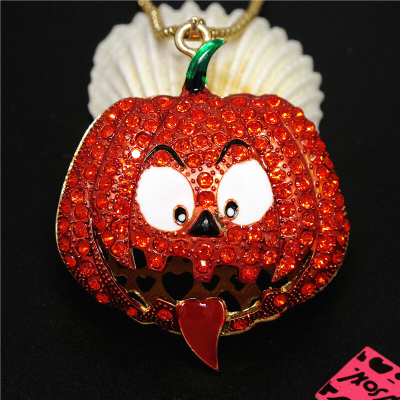 New Orange Crystal Halloween Big Pumpkin Fashion Women Sweater Chain Necklace