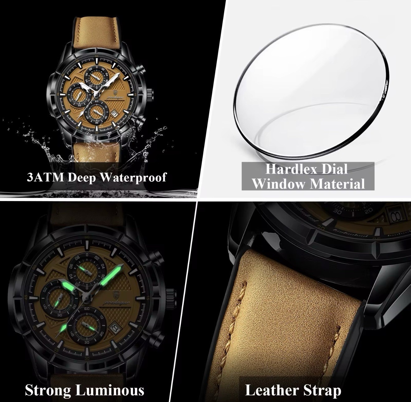POEDAGAR Men’s Quartz Chronograph Date Luminous Analog Watch Black Leather
