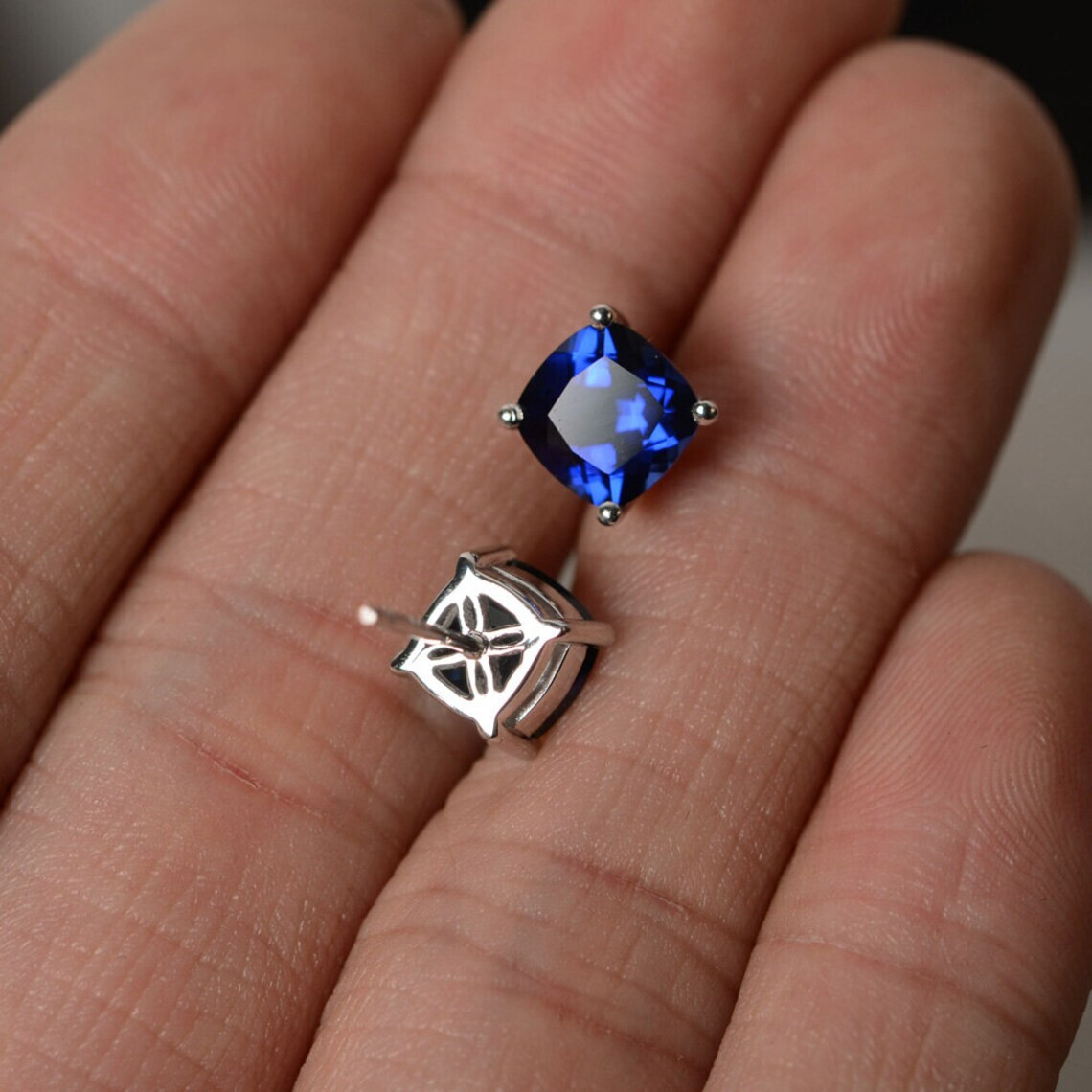 Lab Created Blue Sapphire Cushion 925 Solid Silver Women Designer Stud Earrings