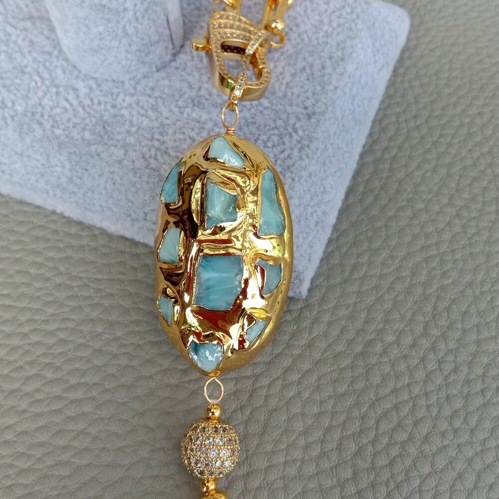 20″ Gold Plated Chain Necklace Blue Larimar Freshwater White Keshi Pearl Pendant