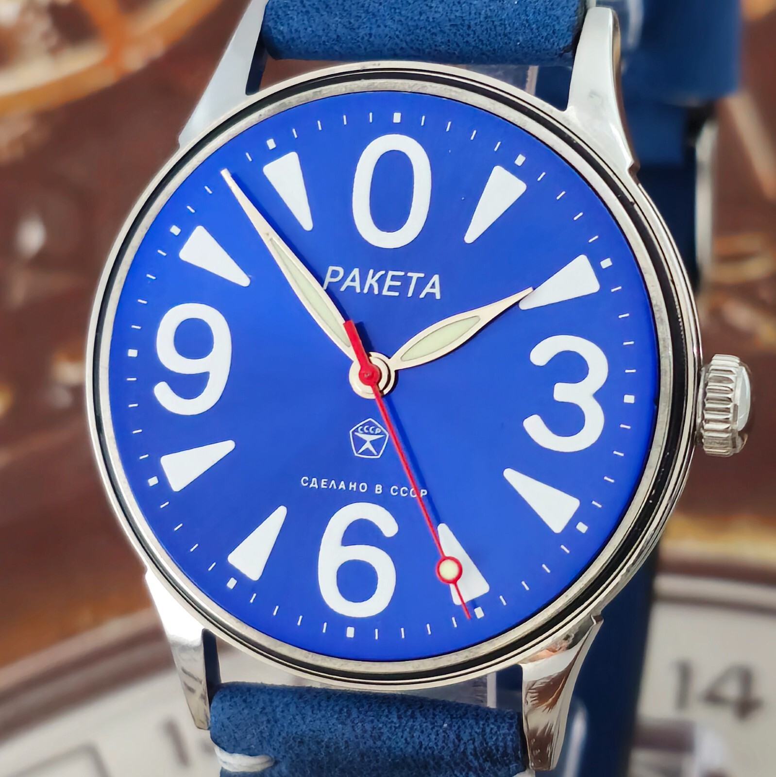 Vintage Watch USSR RAKETA Big Zero Blue Dial Wristwatch Mechanism 2609.HA 19J