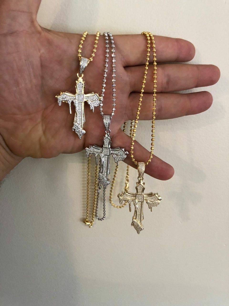 Solid 925 Sterling Silver Gold Plated Dripping Cross Mens Icy Pendant Flooded CZ