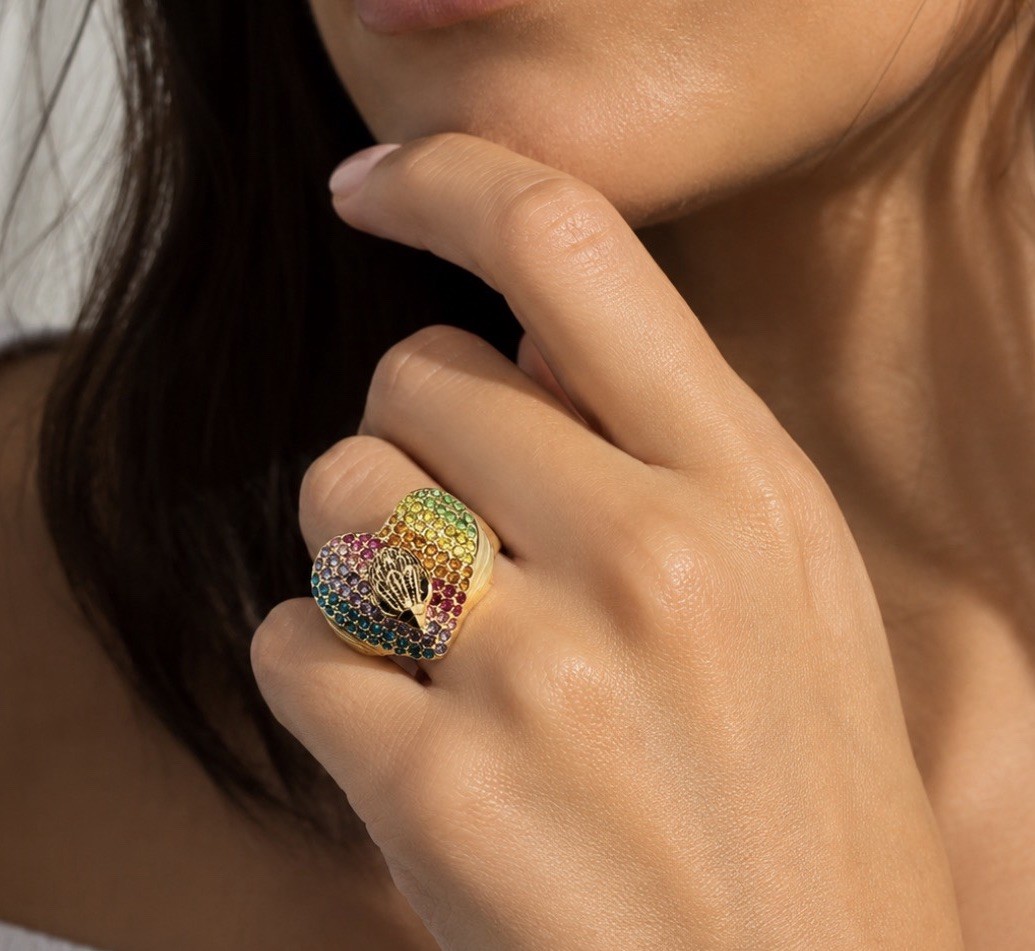 Kurt Geiger London Rainbow Pavé Signature Gold Tone Ring Size 9