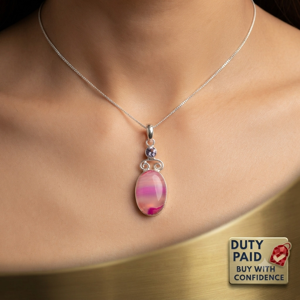 925 Silver Natural Agate Amethyst Birthday Channel Set Wedding Ethnic Pendant