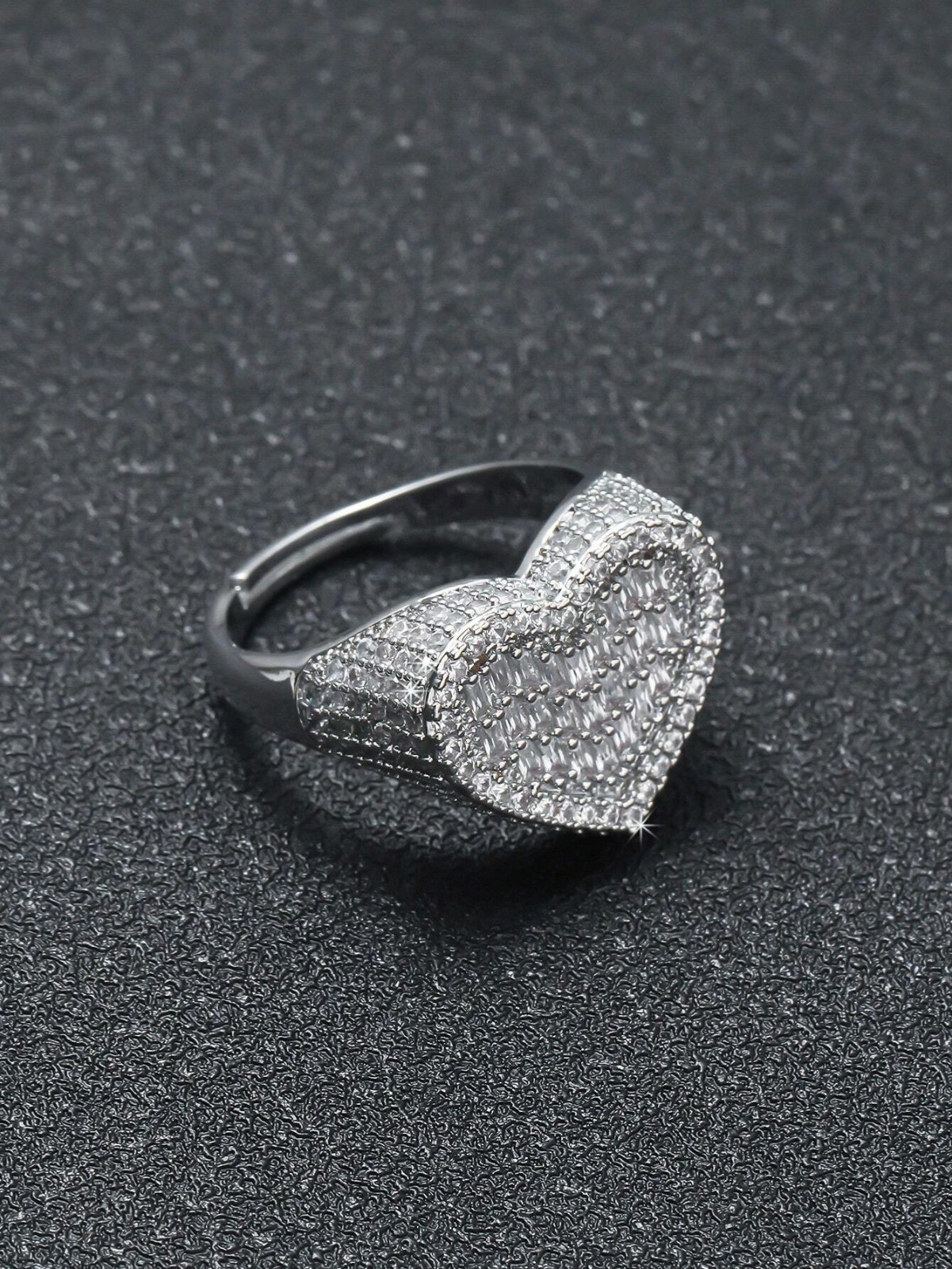 Womens Iced Out Heart Shaped Ring Adjustable Bling CZ Statement Jewelry Gift