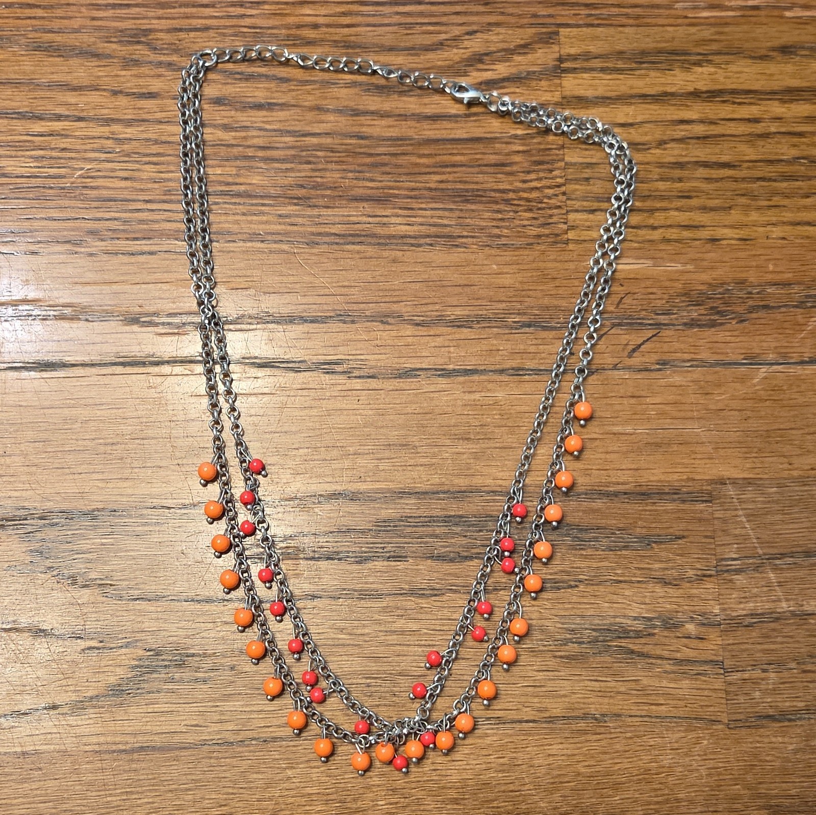 Silver Tone Layered Cable Chain Necklace, Orange & Red Bead Dangles, Lobster