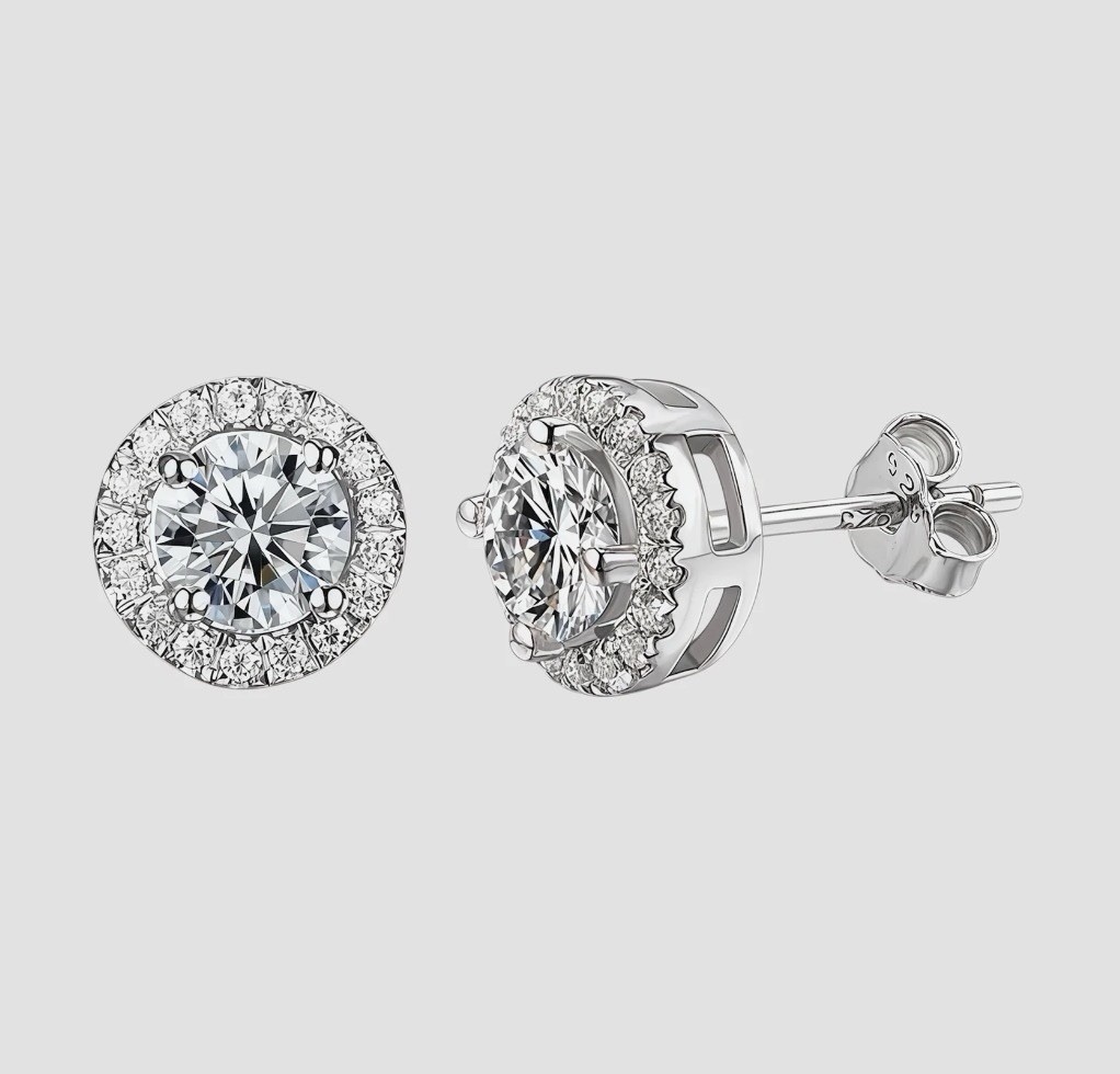 GRA Moissanite Halo Stud Earrings Round Clear VVS1 Silver Tone Butterfly