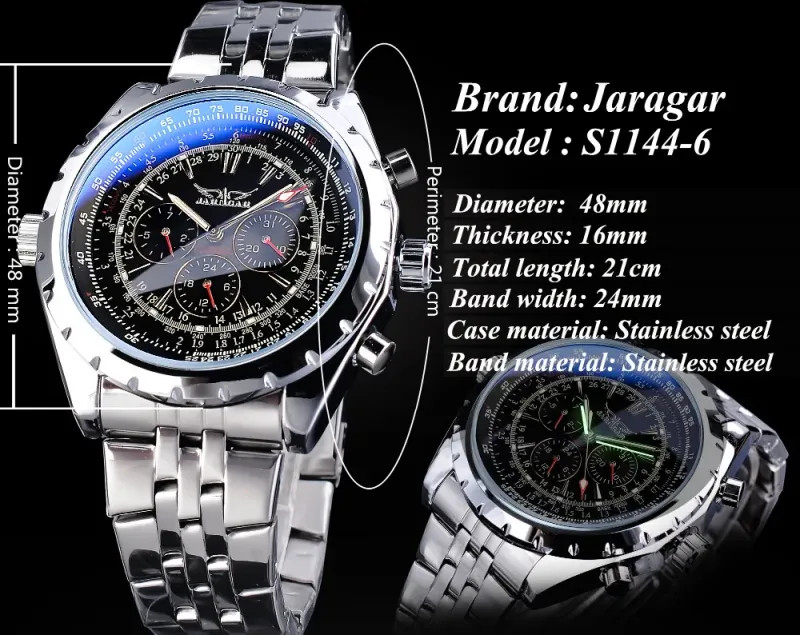 Jaragar Blue Glass Design Black Silver Automatic Watch Stainless Steel Date…