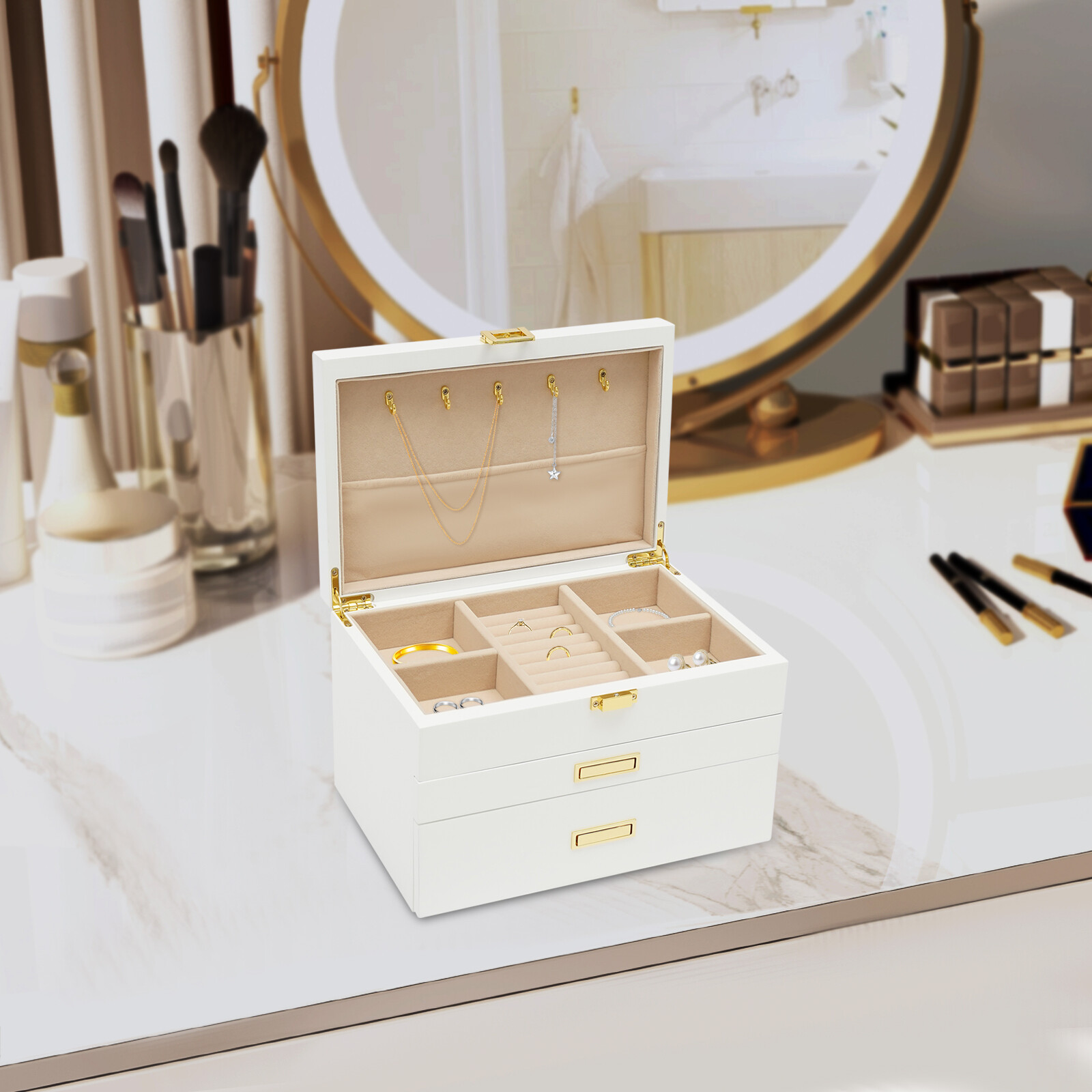 Jewelry Storage Box W/ Safe Lock 3 Layers Large Capacity Organizer with 2 Drawer
