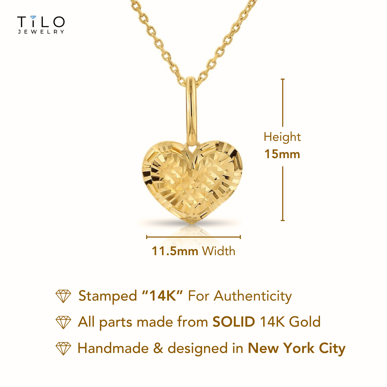 14K Real Solid Yellow Gold Diamond-Cut Heart Pendant Charm Necklace 18 in