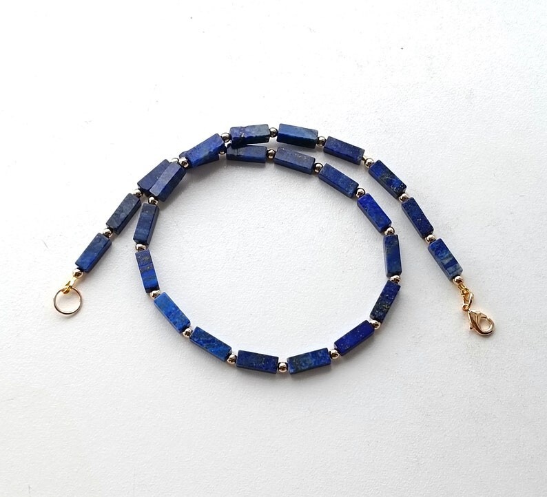 Natural Blue Lapis Lazuli Rectangle Shape Gemstone Bead 18″ Handmade Necklace