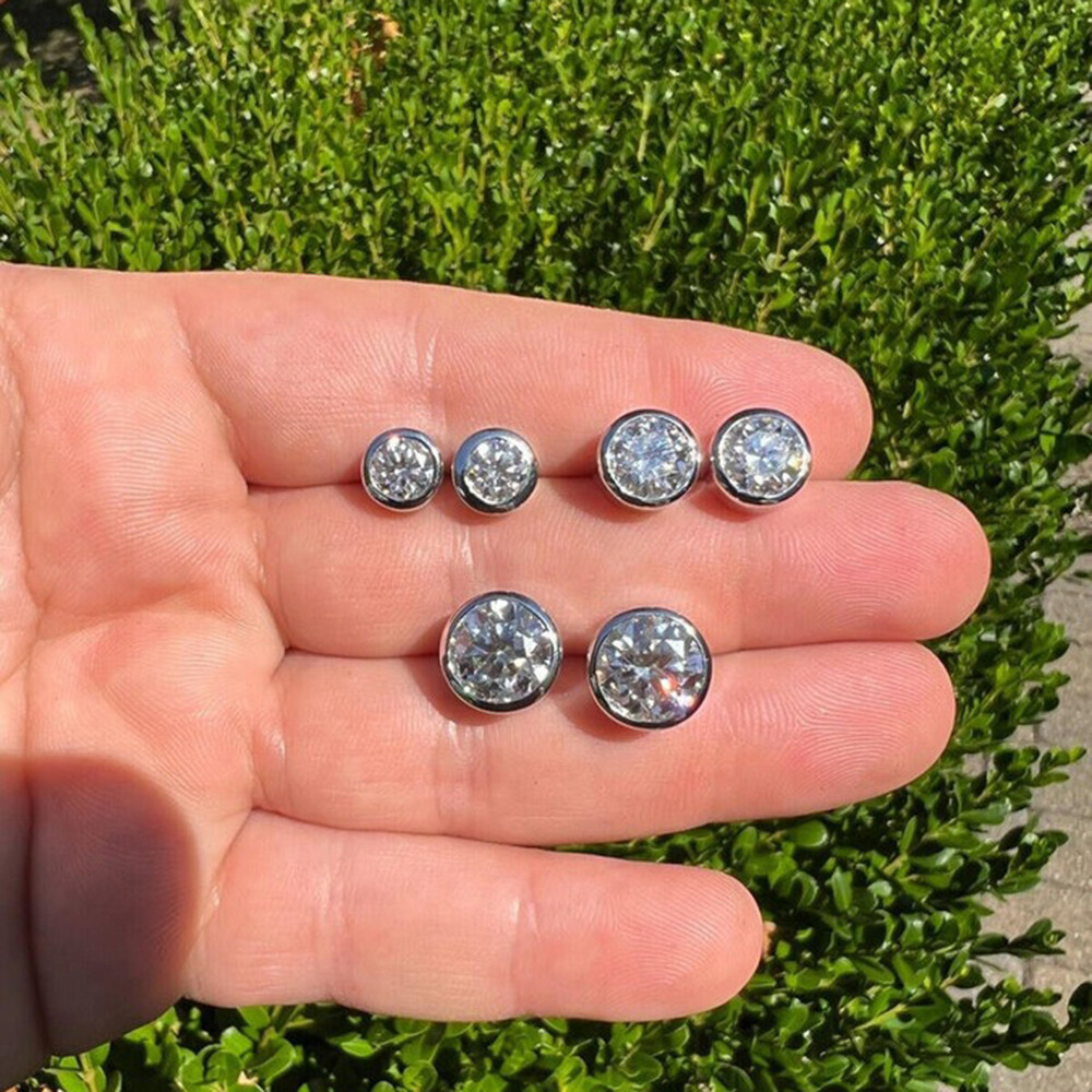Real Moissanite Bezel Stud Earrings 925 Silver Mens Ladies Pass Tester