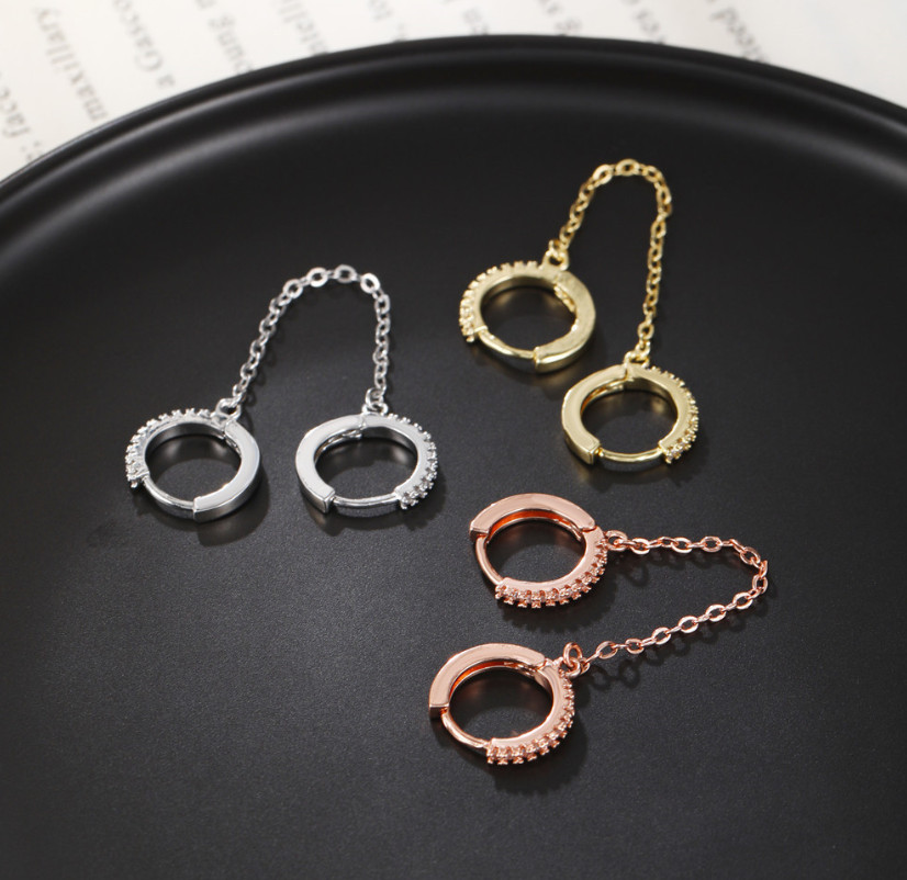 Sterling Silver CZ Double Huggie Hoop Chain Linked Earrings for 2 Ear Holes PE60