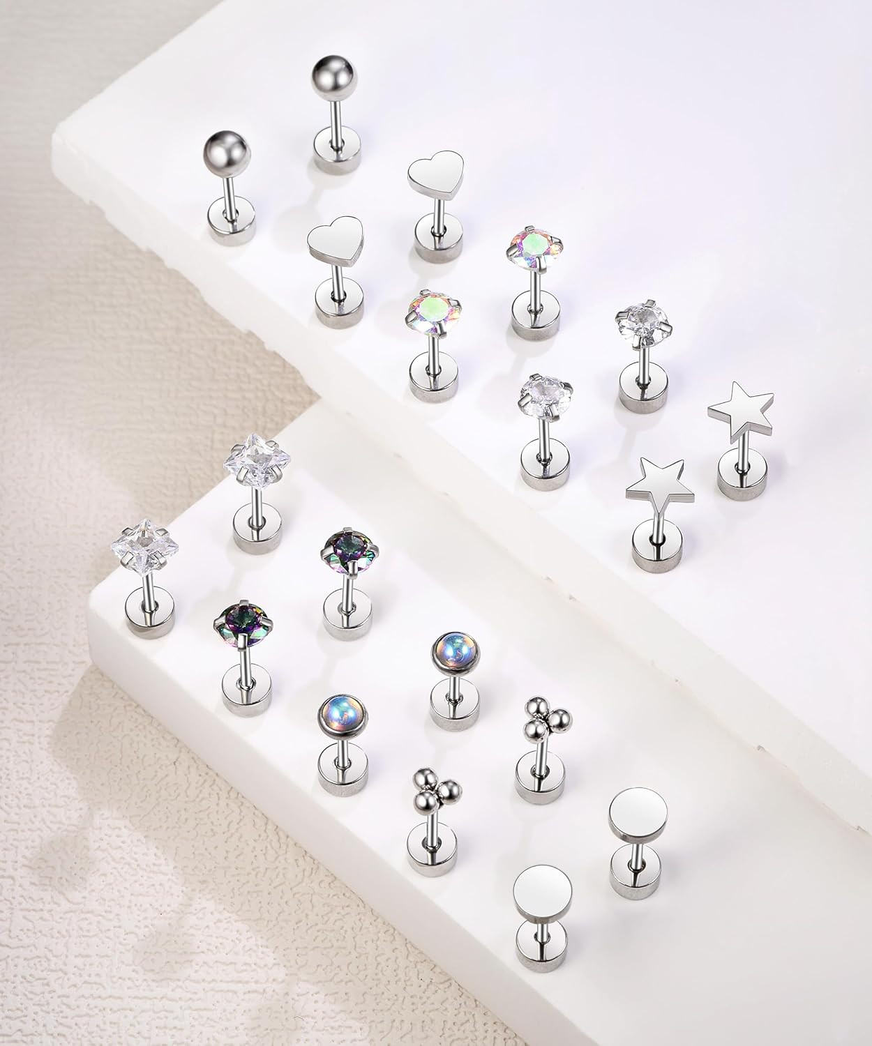 Flat Back Stud Cartilage Earrings Set for Sensitive Ears, Silver, Multiple Pierc