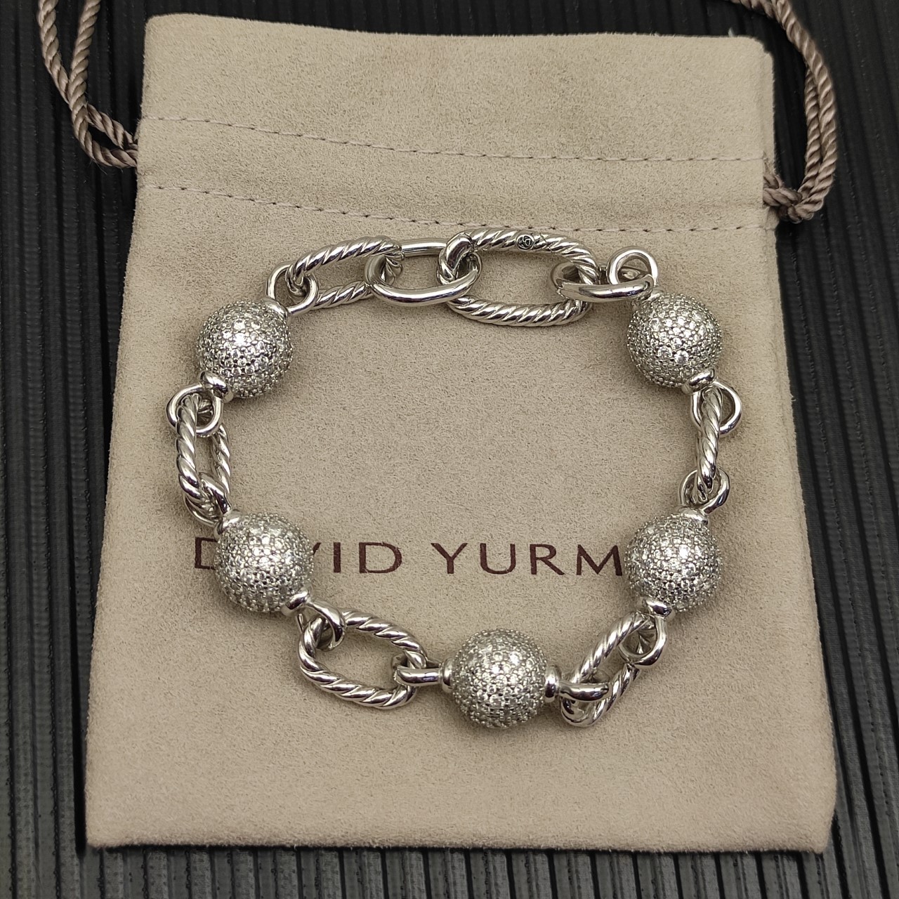 David Yurman 925 Sterling Silver Pavé Diamond Ball Cable Link Bracelet 21cm