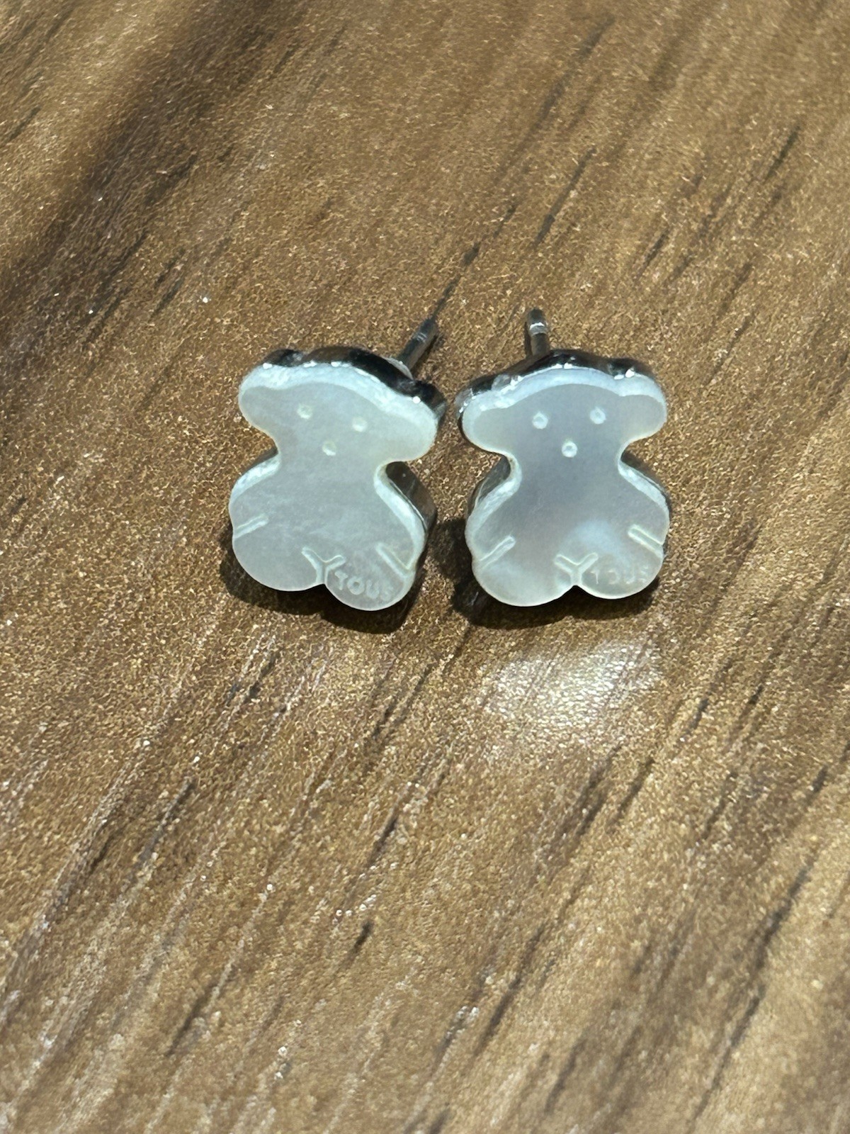 Tous Signed Teddy Bear Stud Earrings White & Silver Tone Metal Butterfly Back
