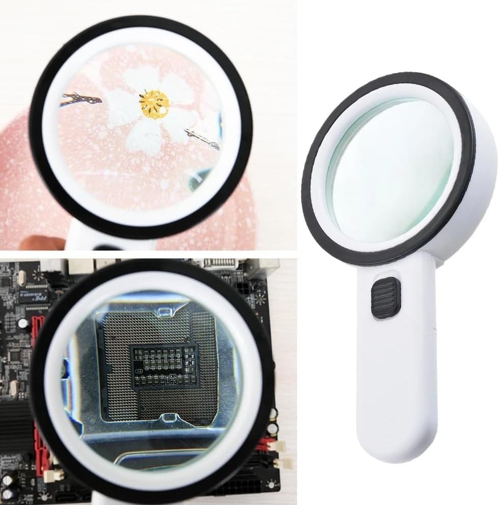 30X Magnifier Handheld Lighted Magnifying Glass Portable Double Glass Lens