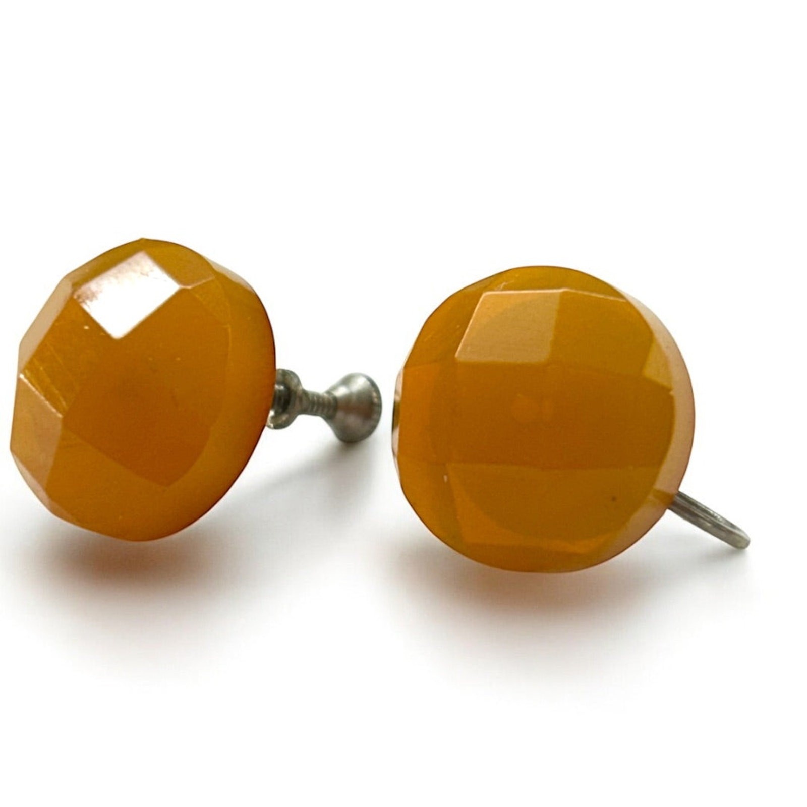 Vintage Butterscotch Faceted Acrylic Screw Back Non-Pierced Earrings .5 Inch