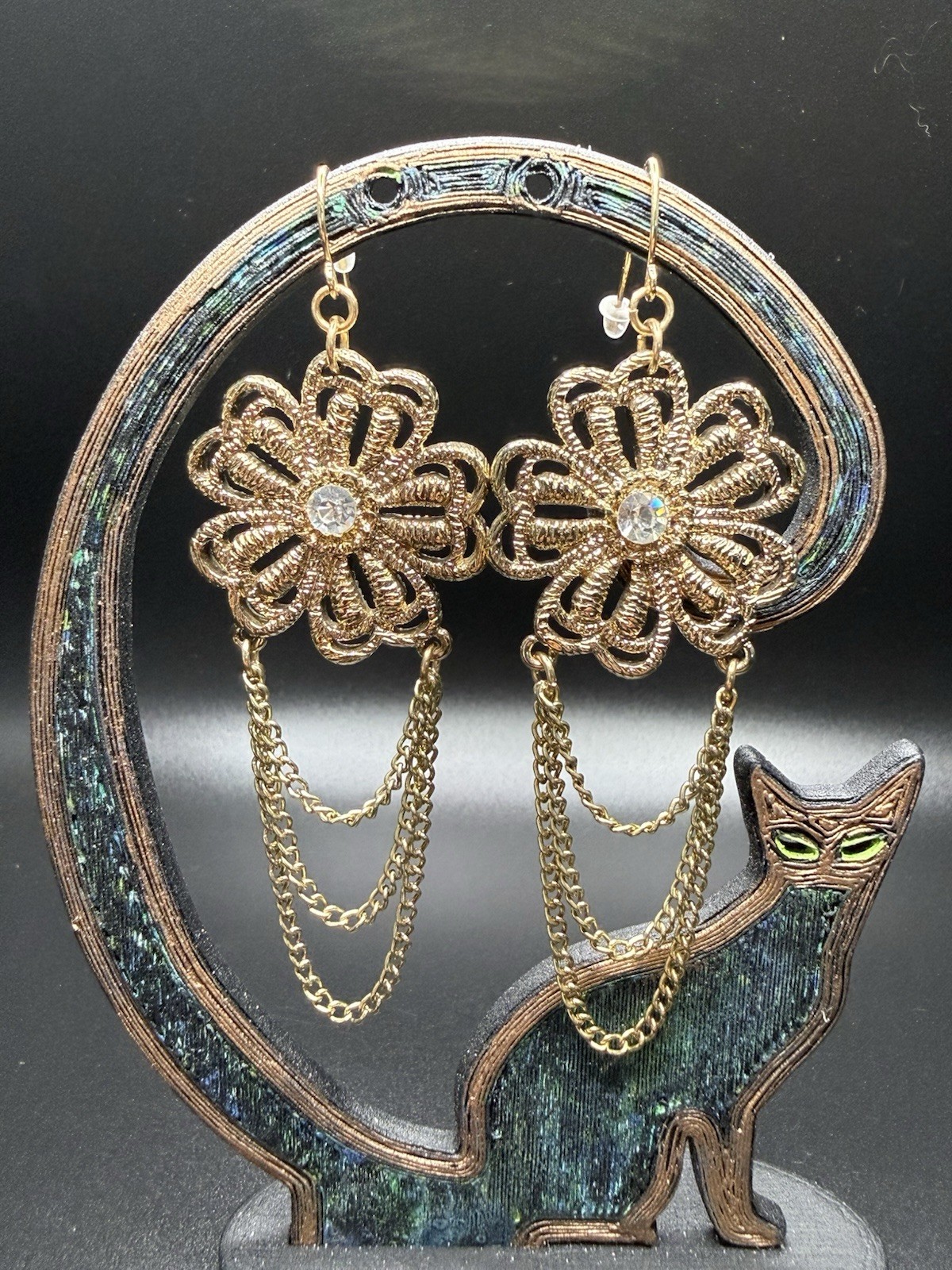 Bijoux Bar Gold Tone Flower Dangle Drop Hook Earrings Clear Round Crystal
