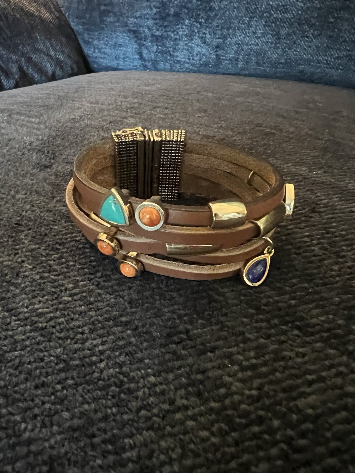 Barse Brown Leather Wrap Charm Bracelet Magnetic Closure Dangle Charms Signed