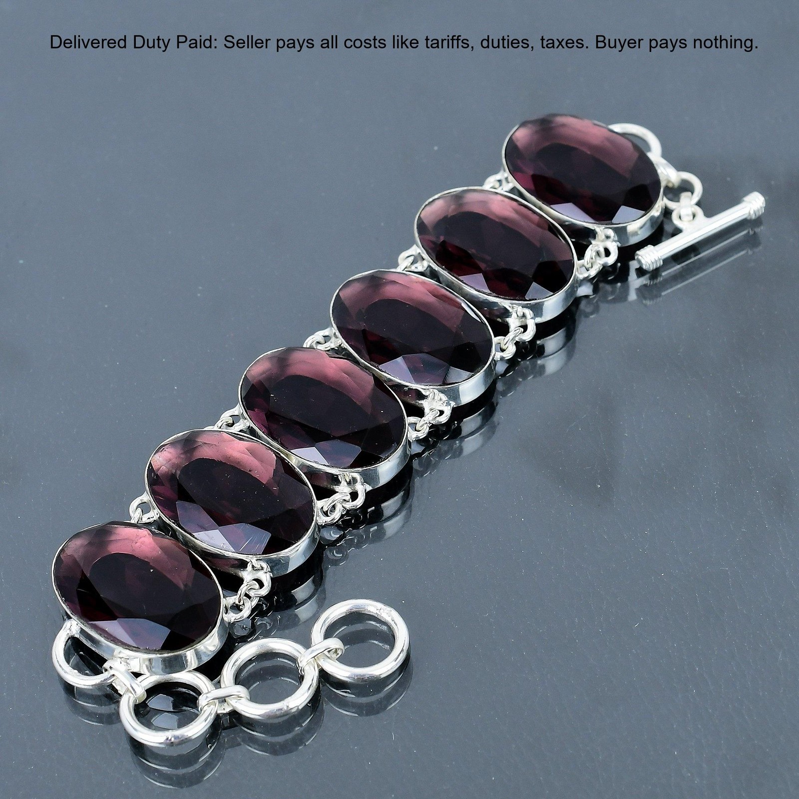 925 Silver Oval Pink Amethyst Stone Bezel Birthday Chain Wife Elegant Bracelet