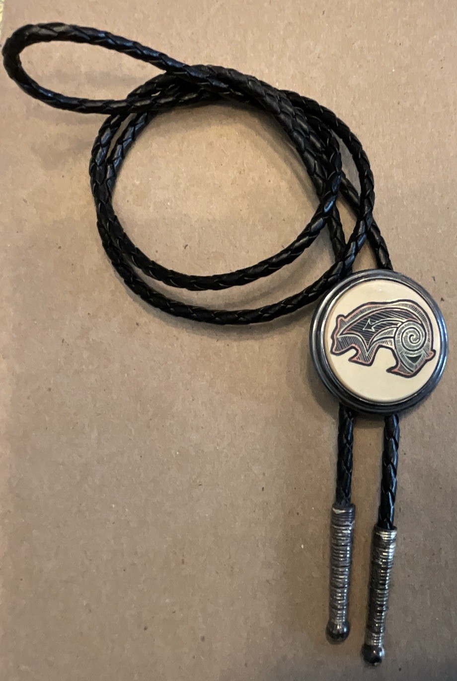 Men’s Adjustable Bolo Tie Black Leather Cord Silver-Tone Round Slide Western