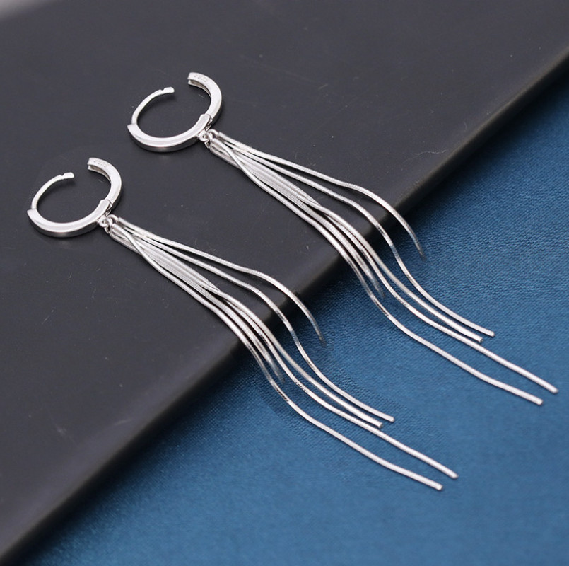 925 Silver Plated Huggie Earrings Tassel Chain LeverBack Drop Hoop TH4