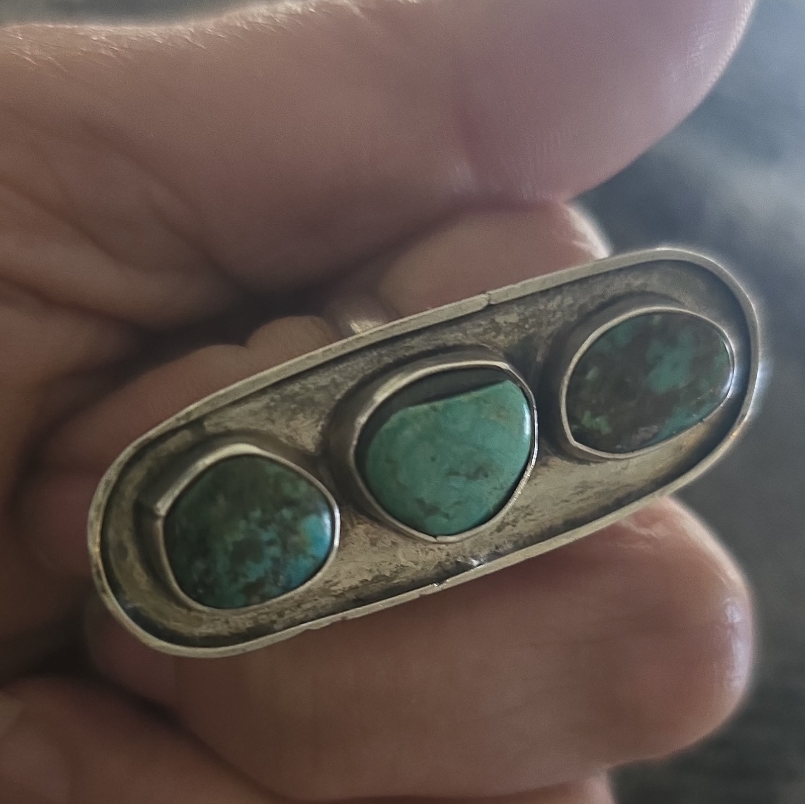 Silver Turquoise 3-Stone Oval Bezel Set Band Ring Unisex Adults Size 6