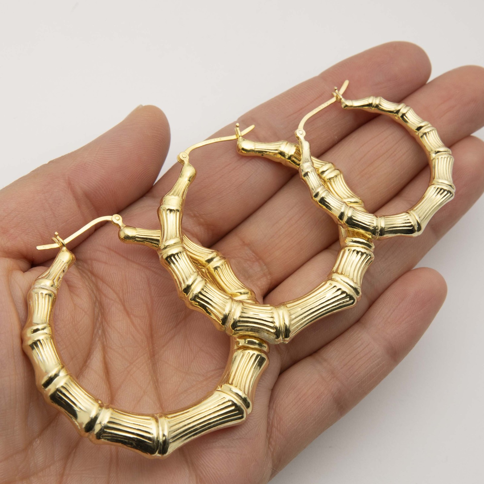 Graduated Diamond-Cut Bamboo Hoop Earrings 14K Yellow Gold-Plated Silver 925
